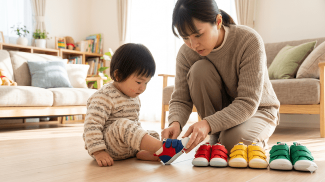 子どもの靴のサイズを選んでいる母親