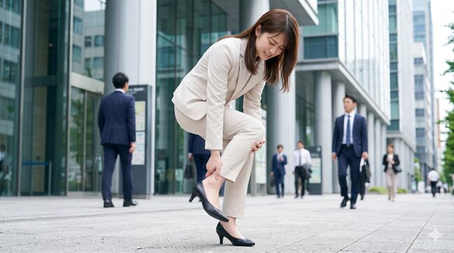 ヒールを履いて足の痛みを訴える女性