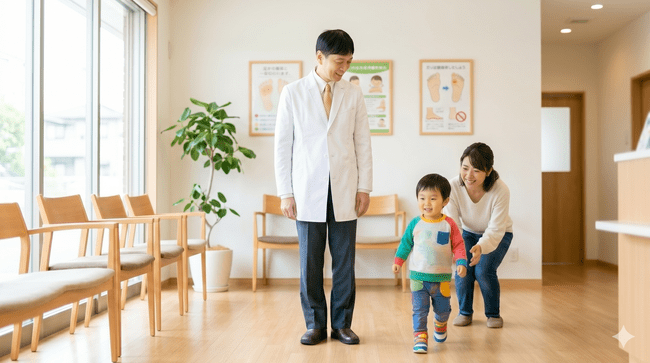 小さな子どもが歩いている姿を見守る男性医師