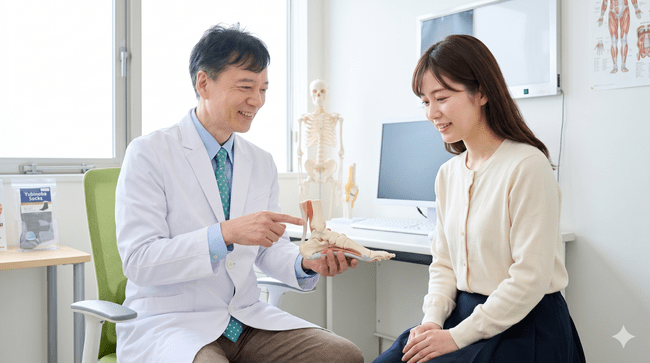 扁平足の説明をしている男性医師
