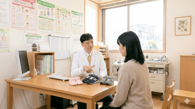 靴の選び方を説明する男性医師