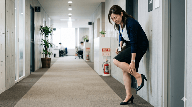 ヒールを履いている女性が足の痛みを訴えている