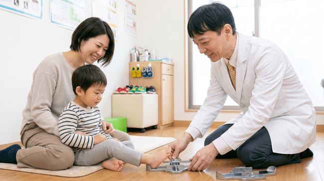 小さな子どもの足のサイズを計る男性医師