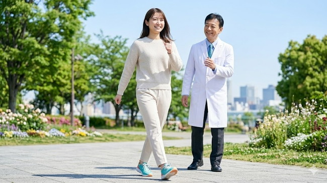 公園を元気よく歩く女性