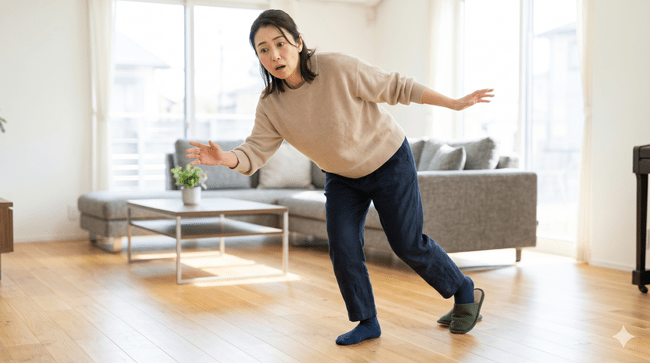 何もない所で躓いて転倒しそうな女性
