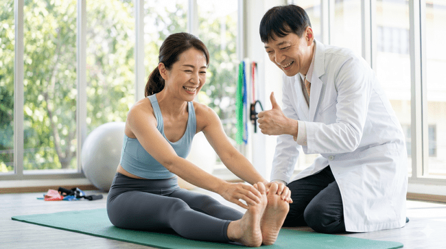 転倒癖のある女性にストレッチを指導している男性医師